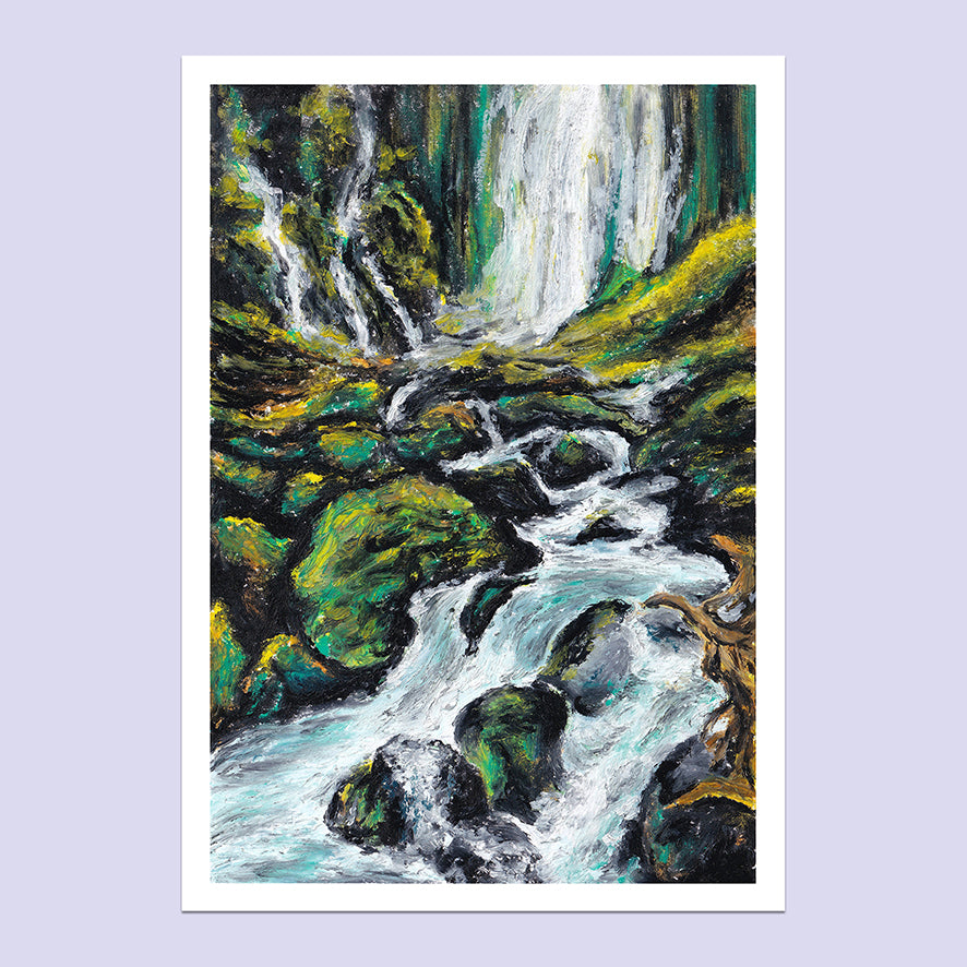 Mossy Cascades – A5 Oil Pastel Landscape Art Print image 0