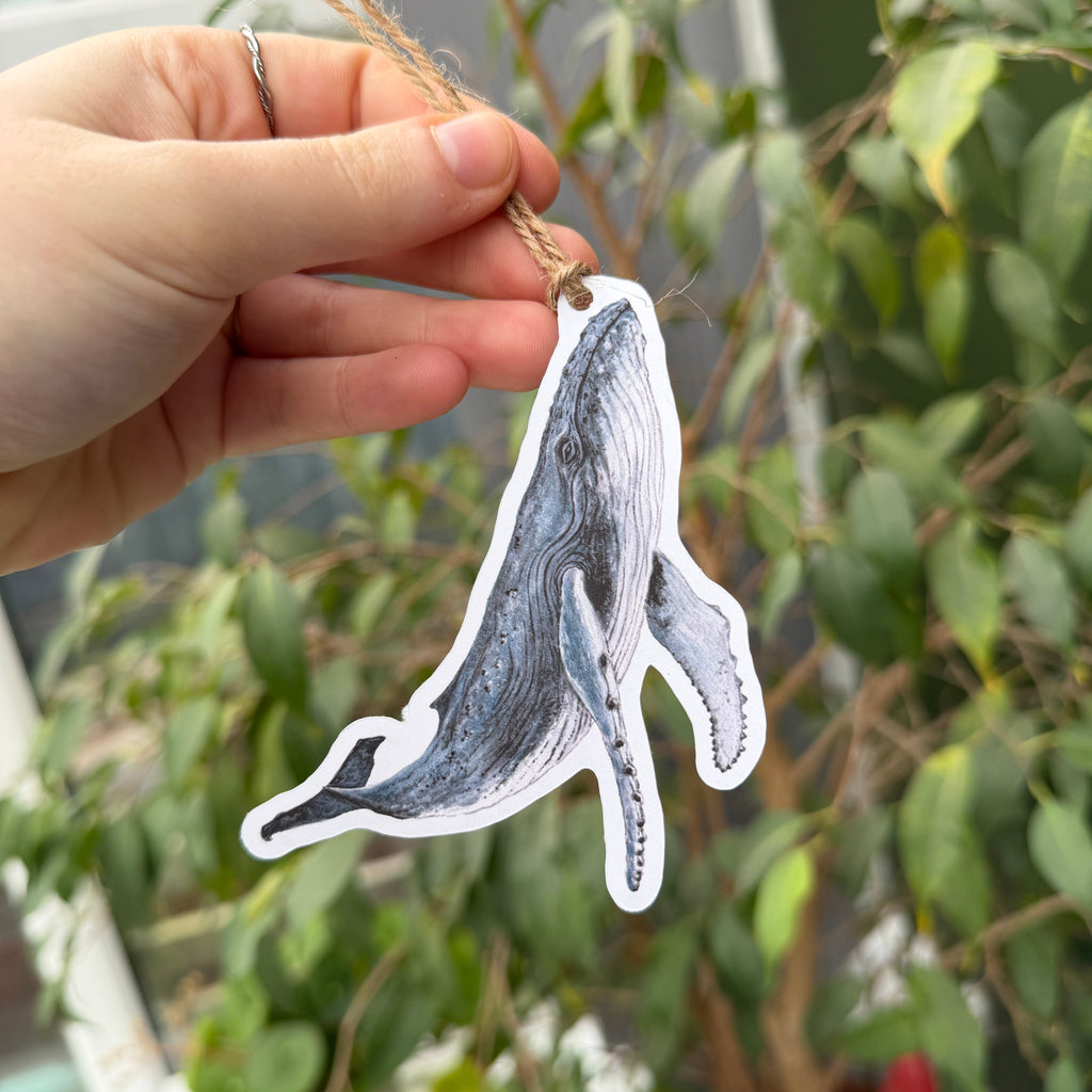 Hand holding a whale-shaped gift tag with a blurred green outdoor background