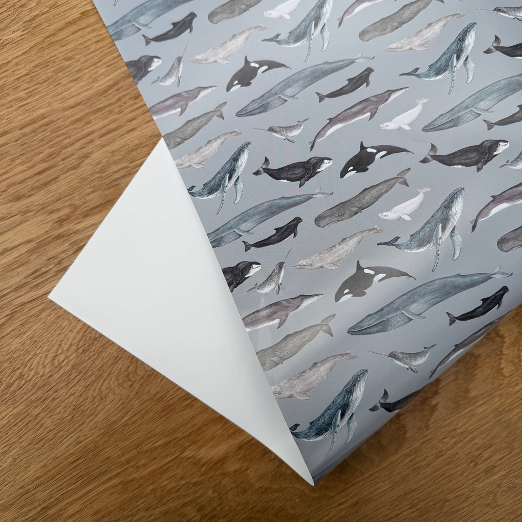 Patterned paper gift wrap with whale design on a wooden surface