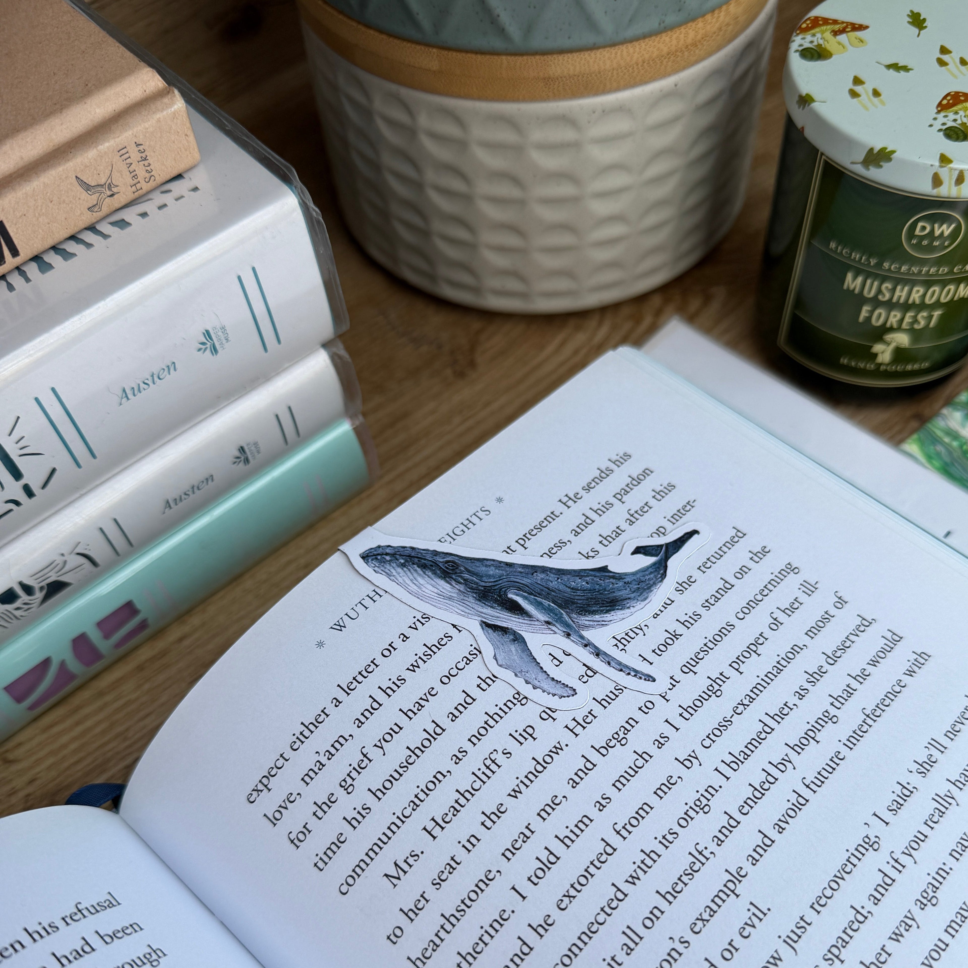 Open book with a whale magnetic bookmark