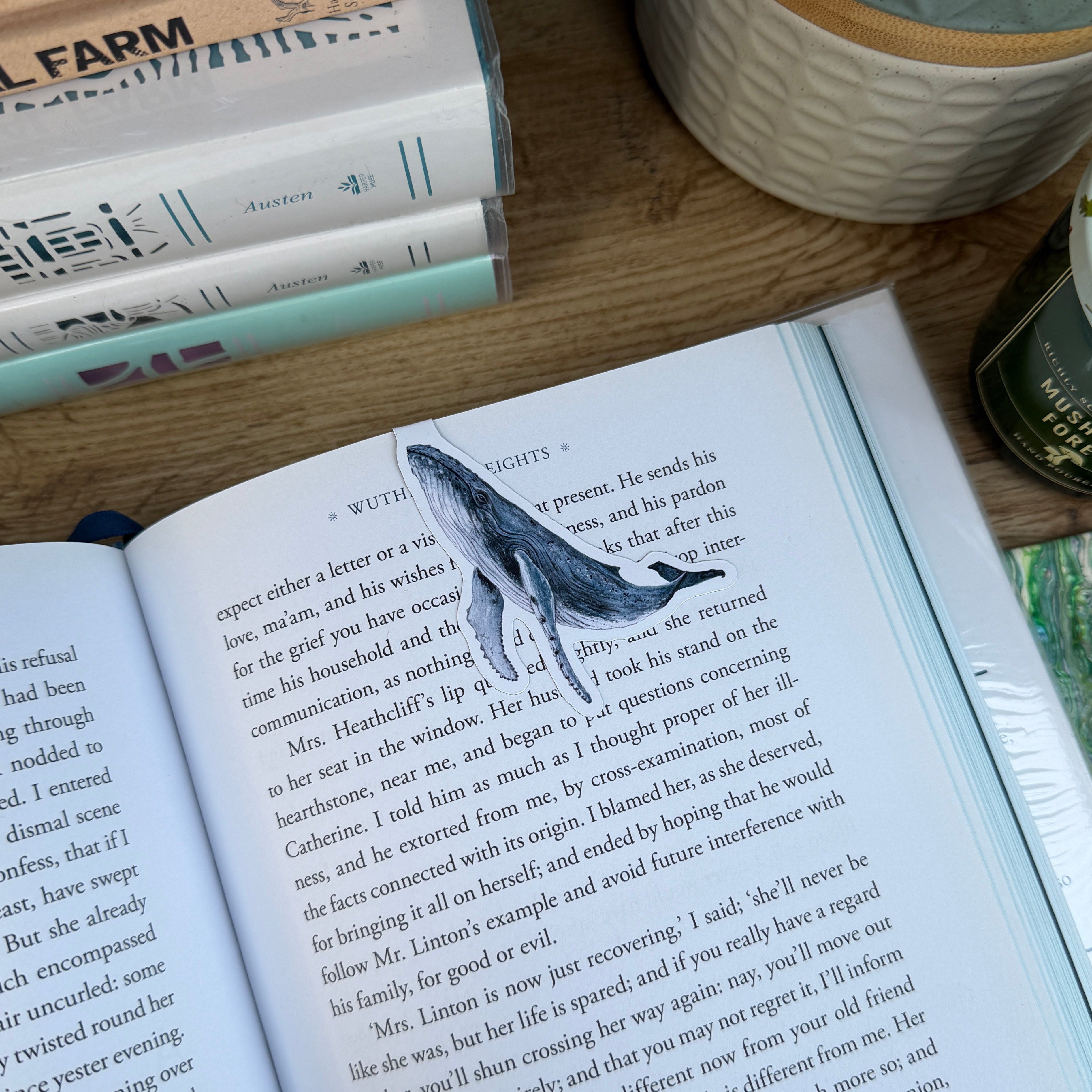 Open book with a whale magnetic bookmark