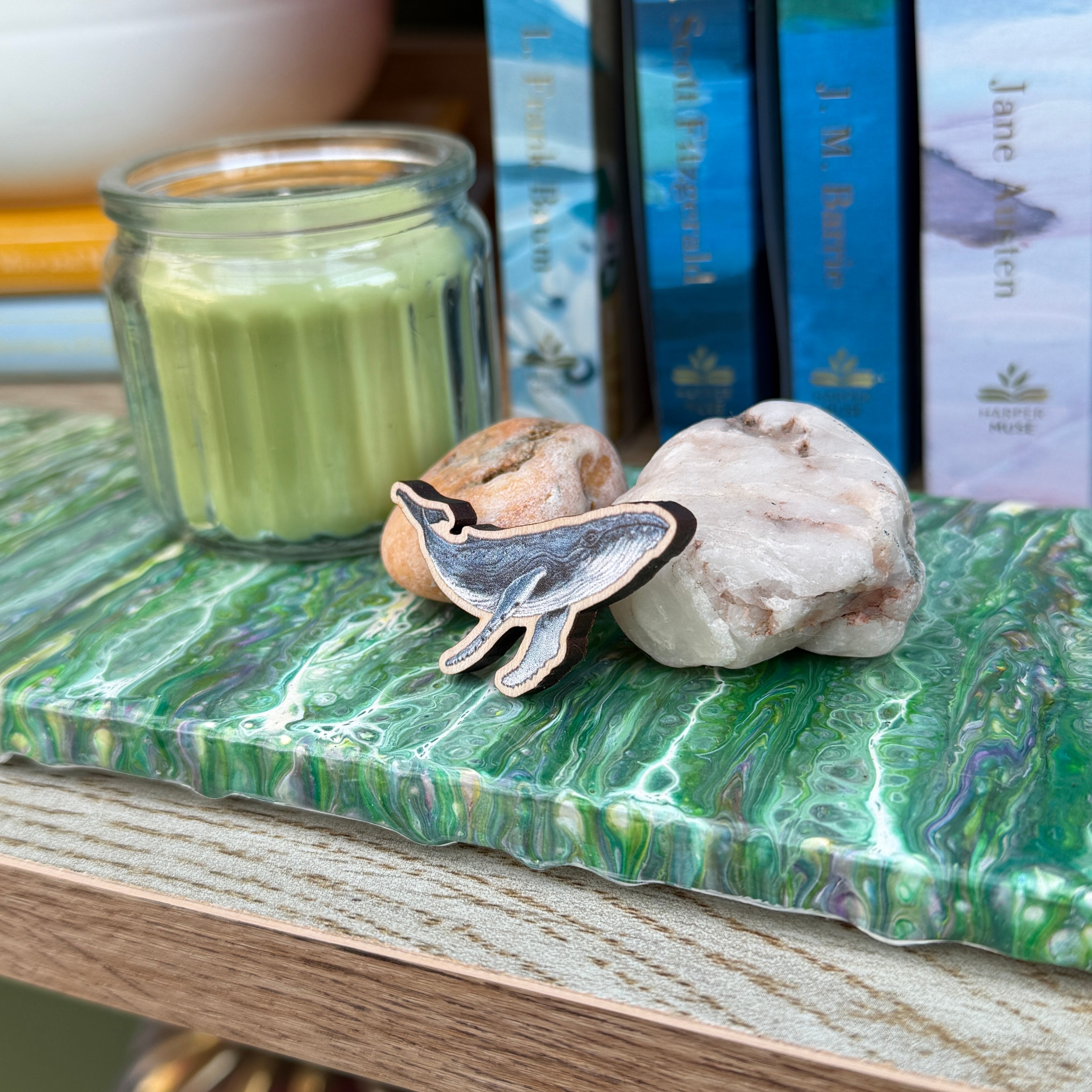 Close-up of a humback whale wooden pin 