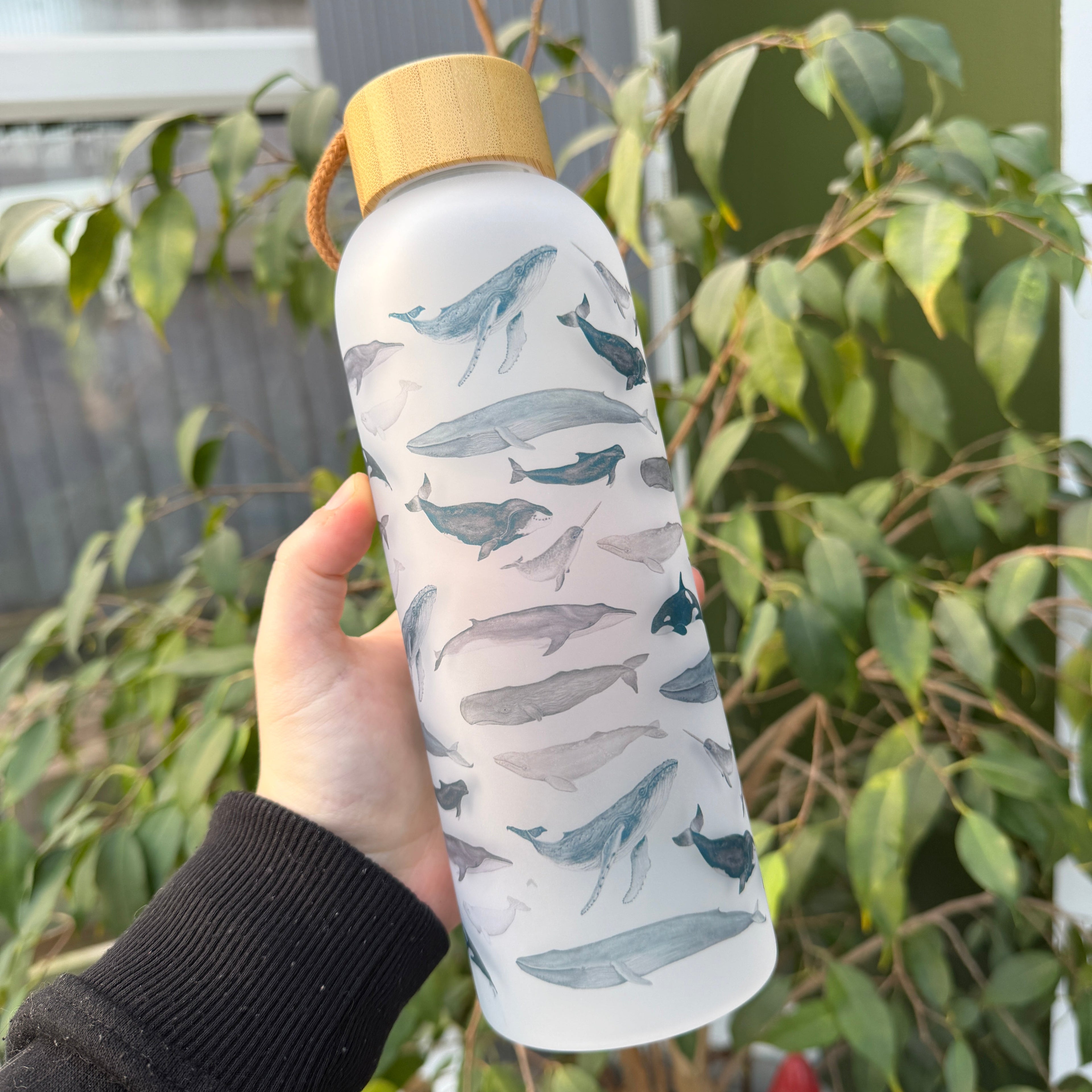 Hand holding a cylindrical water bottle with whale pattern outdoors