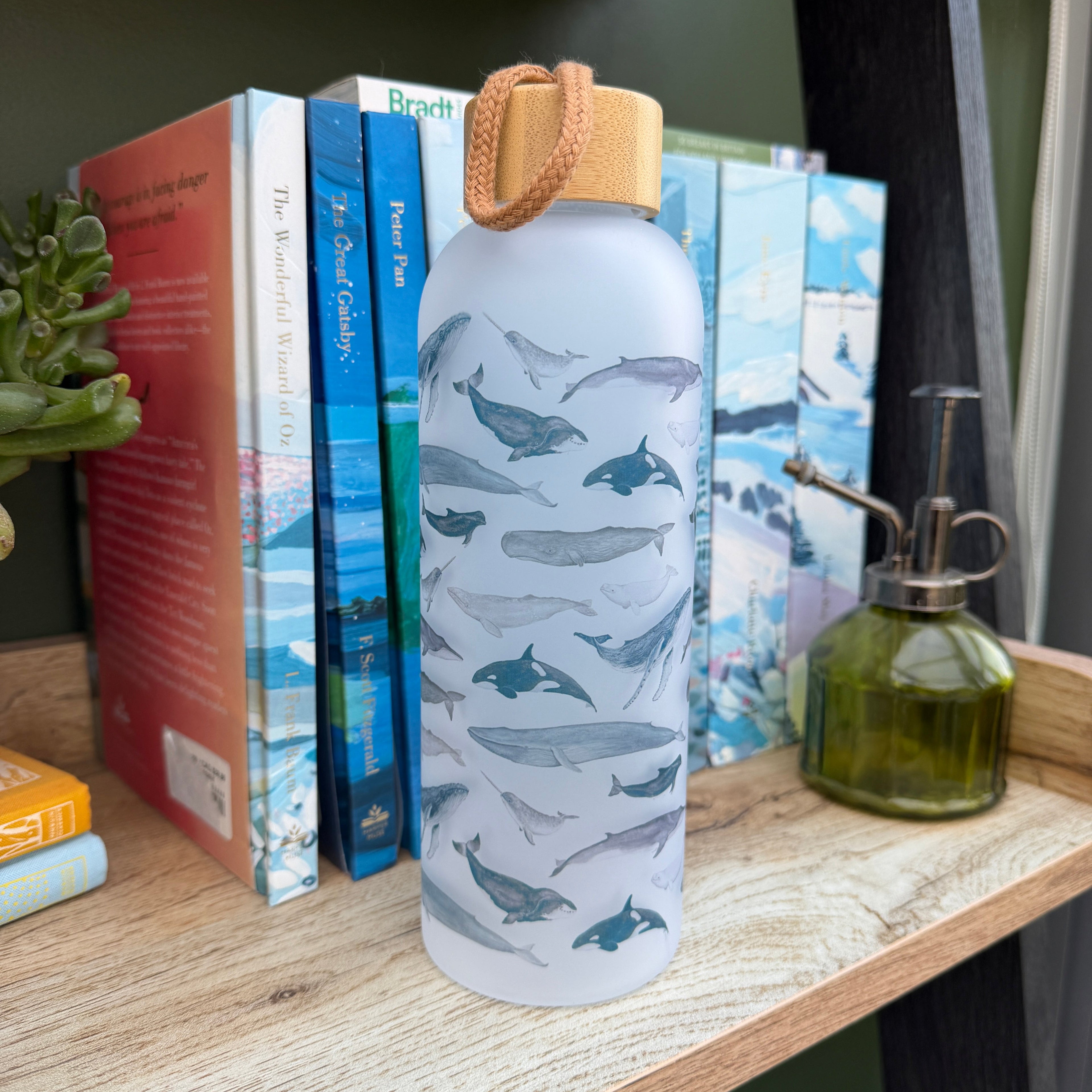 Water bottle with shark design on a stack of books